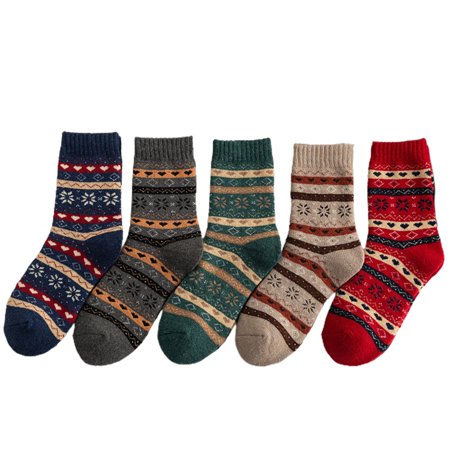 

Christmas Women Socks Warm: 5 Pairs Heart Snowflake Ethnic Crew Socks Soft Socks
