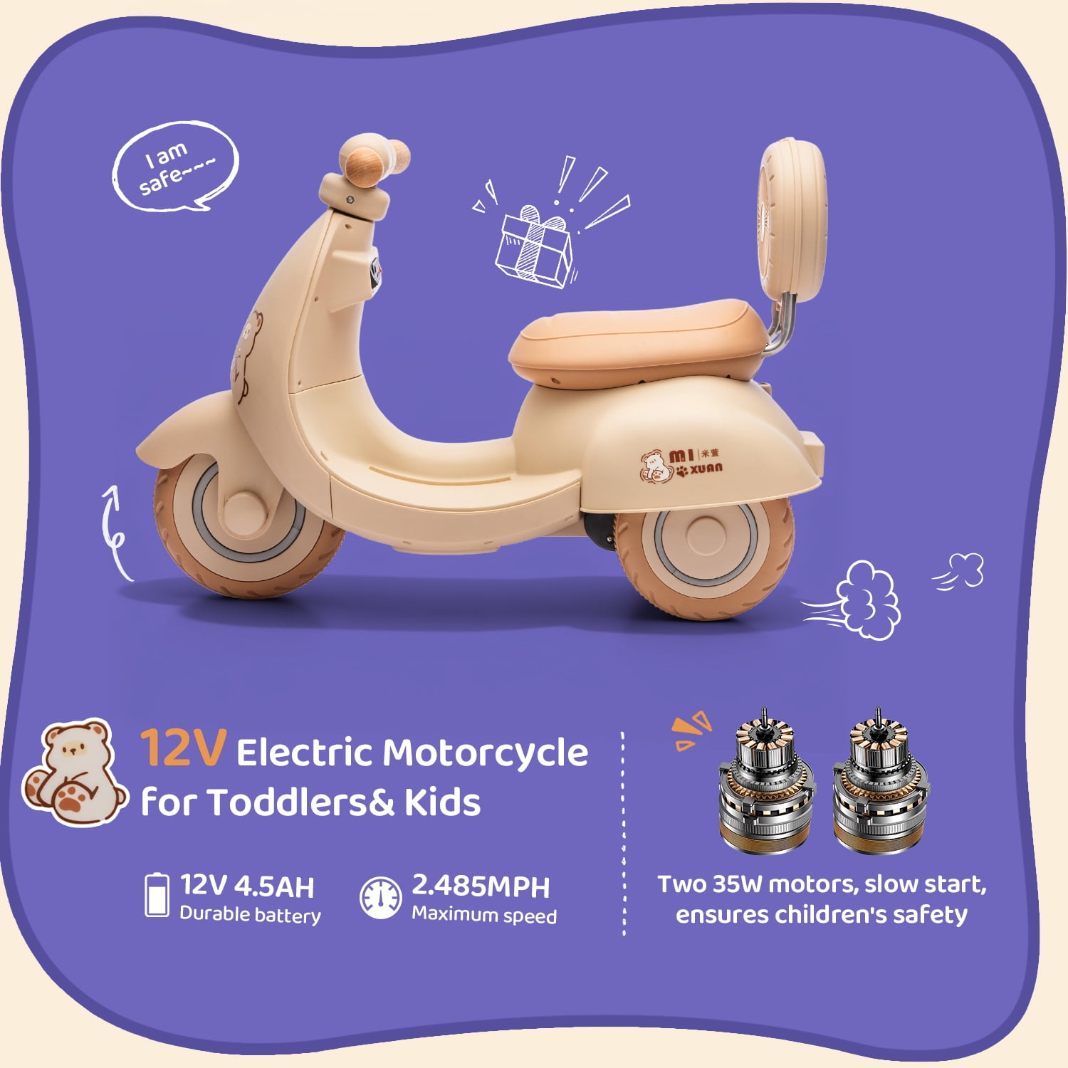 Track Seven 12V Ride on Motorcycle, 3-Wheel Toddler Electrc Scooter with Remote Control, Bluetooth, Wide Seat, Wooden Handle, Slow Start, Electric Motorycle for Boys Girls Aged 1-3 Years, Beige