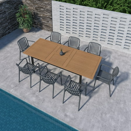 Amazonia Port of Mystique 9-Piece Teak Finish Wood 100% FSC Rectangular Patio Dining Set Grey