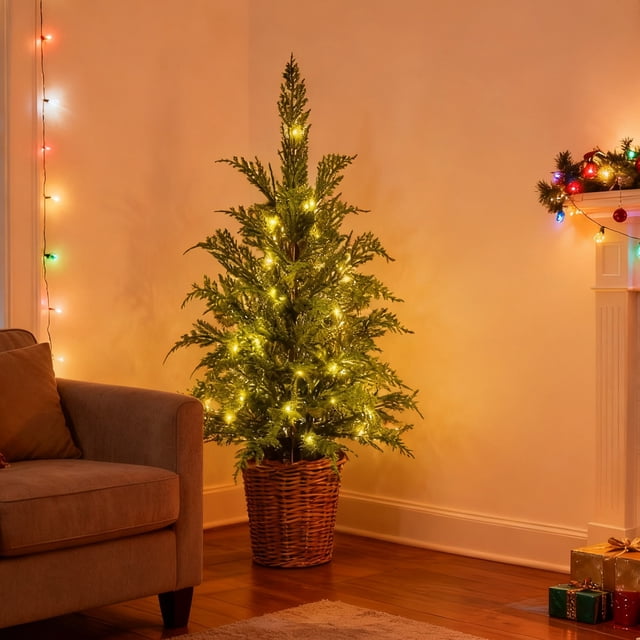 árbol de navidad preiluminado, pino artificial de tacto real en maceta: 18 pulgadas, follaje verde realista con luces LED blancas cálidas integradas y base en cesta tejida, vista frontal en sala junto a sofá y repisa; también ideal para mesita de noche o entrada.