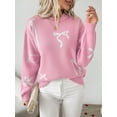 thumbnail image 2 of Women's Crew Neck Bow Jacquard Knit Sweater, Drop Shoulder Long Sleeve Loose Pullover Top for Christmas Holiday, 2 of 7