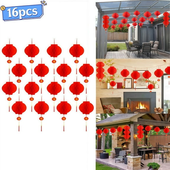 16 Pcs Chinese Paper Lanterns, Red Festival Decorations for Spring Festival & Party, Indoor Outdoor Hanging Ornaments with String