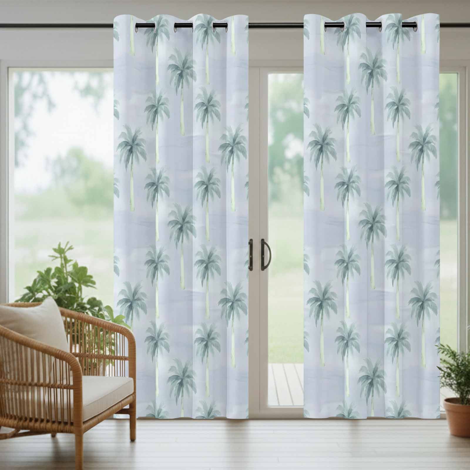 Palm Trees Outdoor Curtains for Patio, Summer Watercolor Tropical Tree Grey Blue Sunshade Privacy Drapes Grommet Waterproof Outside Curtains for Porch/Cabana/Balcony 54"x 108", 1 Panel