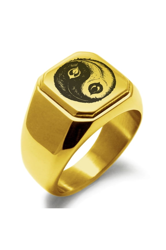 Stainless Steel Peacock Feather Yin Yang Engraved Square Flat Top Biker Style Polished Signet Ring