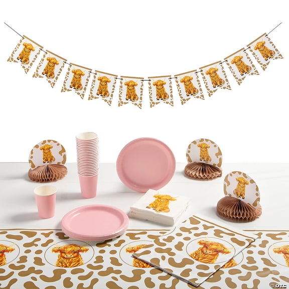 86 Pieces Pink Highland Cow Party Tableware & Decorating Kit for 24