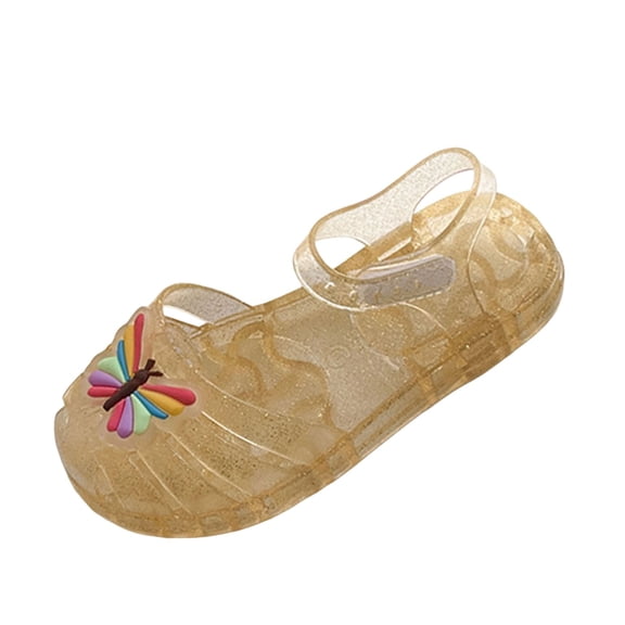 Floleo Girls' Colorful Butterfly Jelly Sandals, Adjustable Buckle Strap Non-Slip Waterproof Thick Sole Kids Summer Beach Shoes (Gold,8.5-9 Years)
