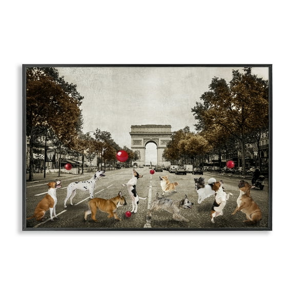 Stupell Industries Dogs Playing Among Architecture Animals & Insects Painting Black Framed Art Print Wall Art, 18 x 12