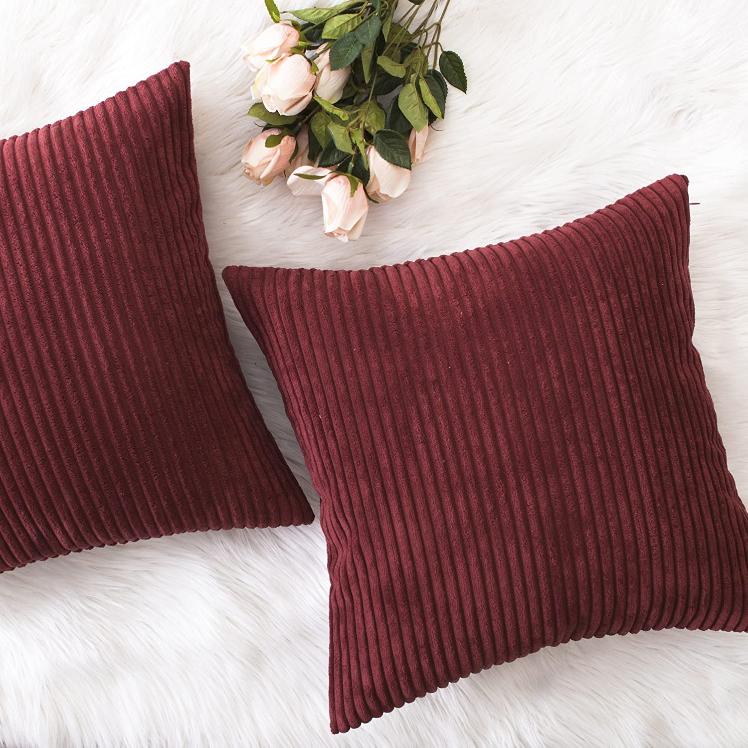 Burgundy Throw Pillows Striped Corduroy Decoration Textured Plush Velvet Euro Throw Pillow Sham Cushion Cover for Chair 24 x 24 inch 60cm Set of 2 Dark Red Walmart