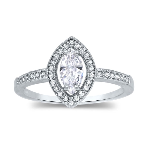 Women's Delicate Marquise Cut Diamond Ring, Halo Diamond Engagement Ring, Solitaire With Accents Pave Set Diamond Wedding Ring, 925 Sterling Silver, 2.2 Ct Simulated Diamond