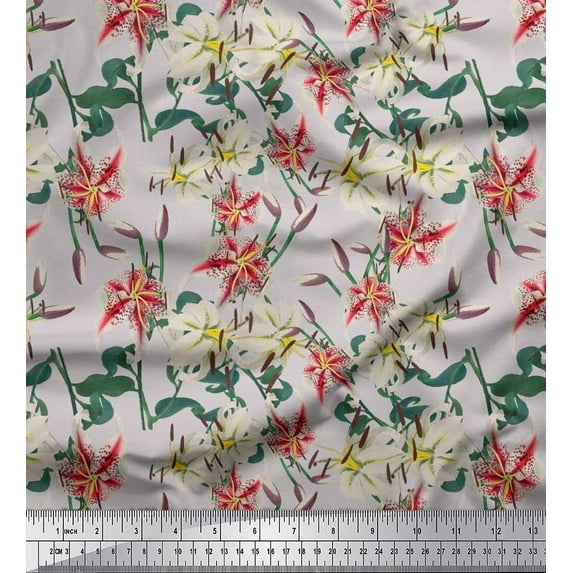 Soimoi Japan Crepe Satin Fabric Leaves, & Lily Floral Decor Fabric Printed Yard 42 Inch Wide