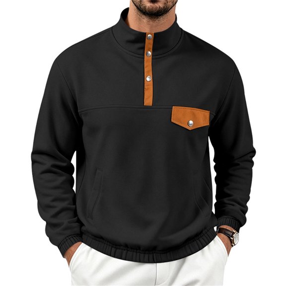 Curuila Mens Sweatshirt Button Down Long Sleeve Solid Color Stand Collar Pullover Sweatshirts Loose Fit Comfort Pullover Tops Size L