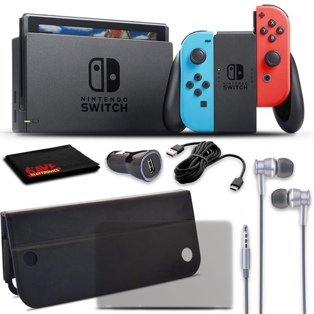 Nintendo Switch con JoyCon Azul Neón y Rojo Neón, Paquete de Lujo de Mario Kart 8 con Estuche, Audífonos, Protector de Pantalla, Cargador Adicional, Adaptador para Automóvil y Paño de Limpieza de Micr