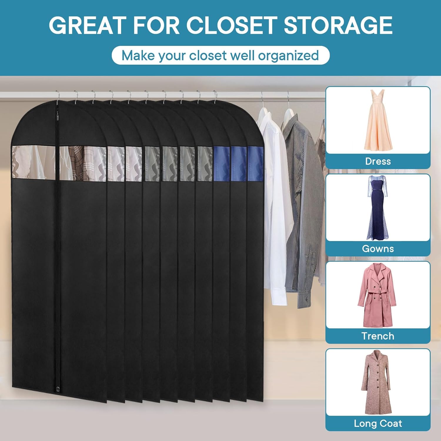 Dress Bags for Gowns, Garment Bags for Hanging Clothes, Foldable Dress Cover with Clear Window for Coats, Formal Gowns, and Evening Dresses