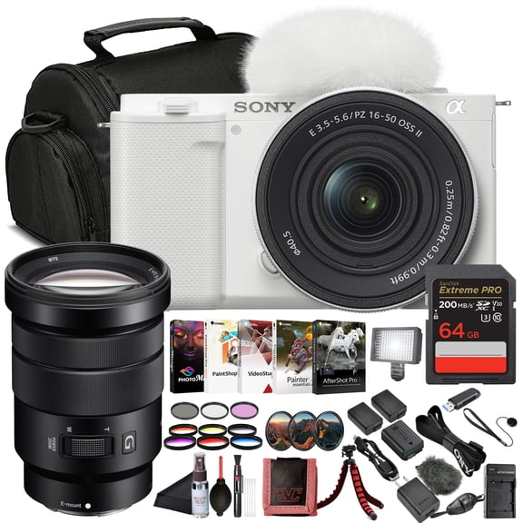 Sony ZV-E10 Mirrorless Camera White with 16-50mm Power Zoom Lens (ILCZV-E10L) – 24.2 MP APS-C Sensor, 4K Video, Vari-Angle Screen w/ Sony 18-105mm Lens, 64GB Memory Card and More