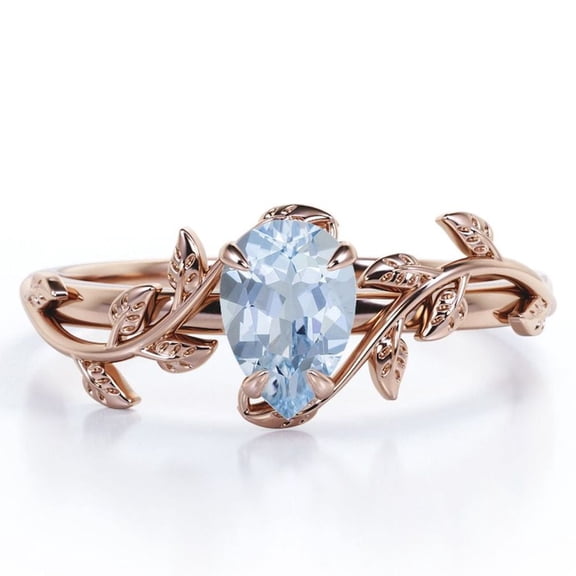 JeenMata Botanical Design - 1 Carat Pear Cut Seafoam Created Aquamarine - 4 Prong Engagement Ring - 18K Rose Gold Plating over Silver