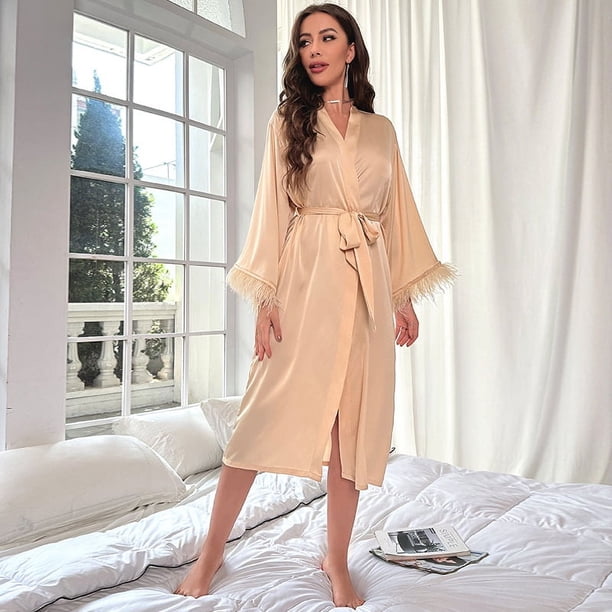 Pijama de seda de hielo para mujer, camisón de satén de manga larga con plumas y pantalones con tirantes, traje de casa 2658 2659