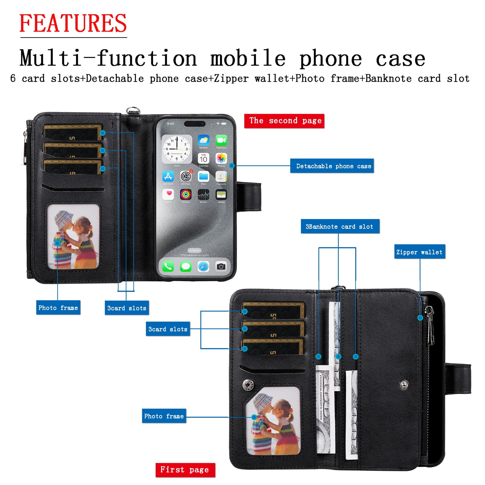 Dteck for iPhone 16 Wallet Case, 2 In 1 Detachable Protective Phone Case Women Men Kickstand flip Cover Wrist Strap Zipper Credit Card Holder Slots for iPhone 16,Black