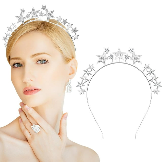 Diadema plateada con corona de halo de estrella, tiaras y coronas plateadas para mujeres y niñas, accesorios para el cabello para fiestas, bodas y festivales (plata)