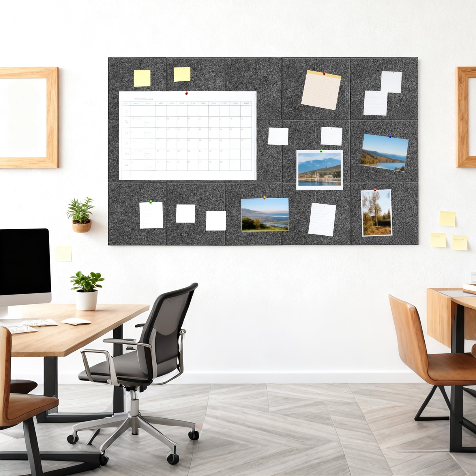 15 Pack Felt Bulletin Board Tiles, 11.8 x 11.8 inch Self-Adhesive Pin Board Panels with 30 Push Pins, Thick 0.35 inch Sound Absorbing Wall Tiles for Office, Home & Classroom, Dark Gray