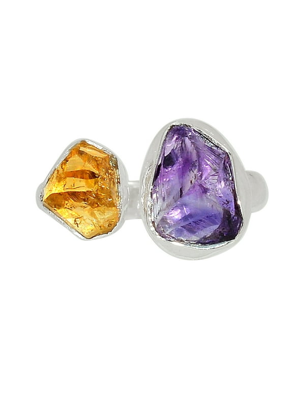 Natural Amethyst Rough & Citrine Rough 925 Silver Ring Jewelry s.6.5 ALLR-24660
