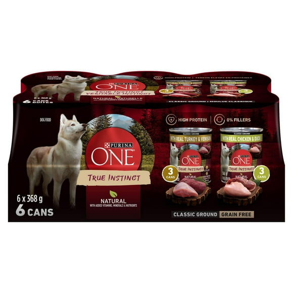 Purina ONE Véritable Instinct Moulue Classique Emballage Assorti Dinde, Venaison, Poulet et Canard, Nourriture Humide pour Chiens 6x368g