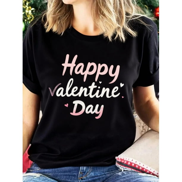 Camiseta informal de San Valentín para mujer, 100 % algodón, cuello redondo, manga corta, con estampado del alfabeto "Feliz San Valentín", largo regular, para toda la temporada, para adultos, hombres