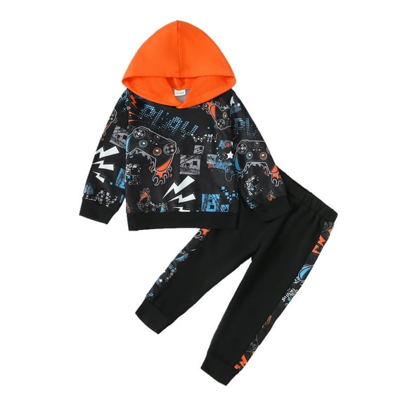 KIMI BEAR Toddler Baby Boys Pant Sets Fall 4-5T Toddler Boys Clothing Sets Autumn Long Sleeves Hooded Tops Sweatpants 2pcs Outfits Black