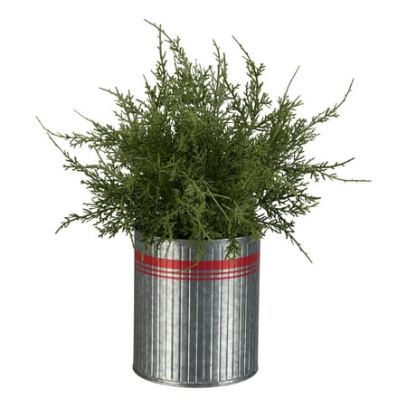 Holiday Time Greenery Tree with Red Striped Metal Bucket Christmas Decoration, 14