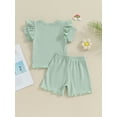 thumbnail image 5 of Baby Girls 2 Piece Outfit Solid Color Ribbed Ruffle Short Sleeve T-Shirt and Elastic Shorts Set Summer Clothes, 5 of 10