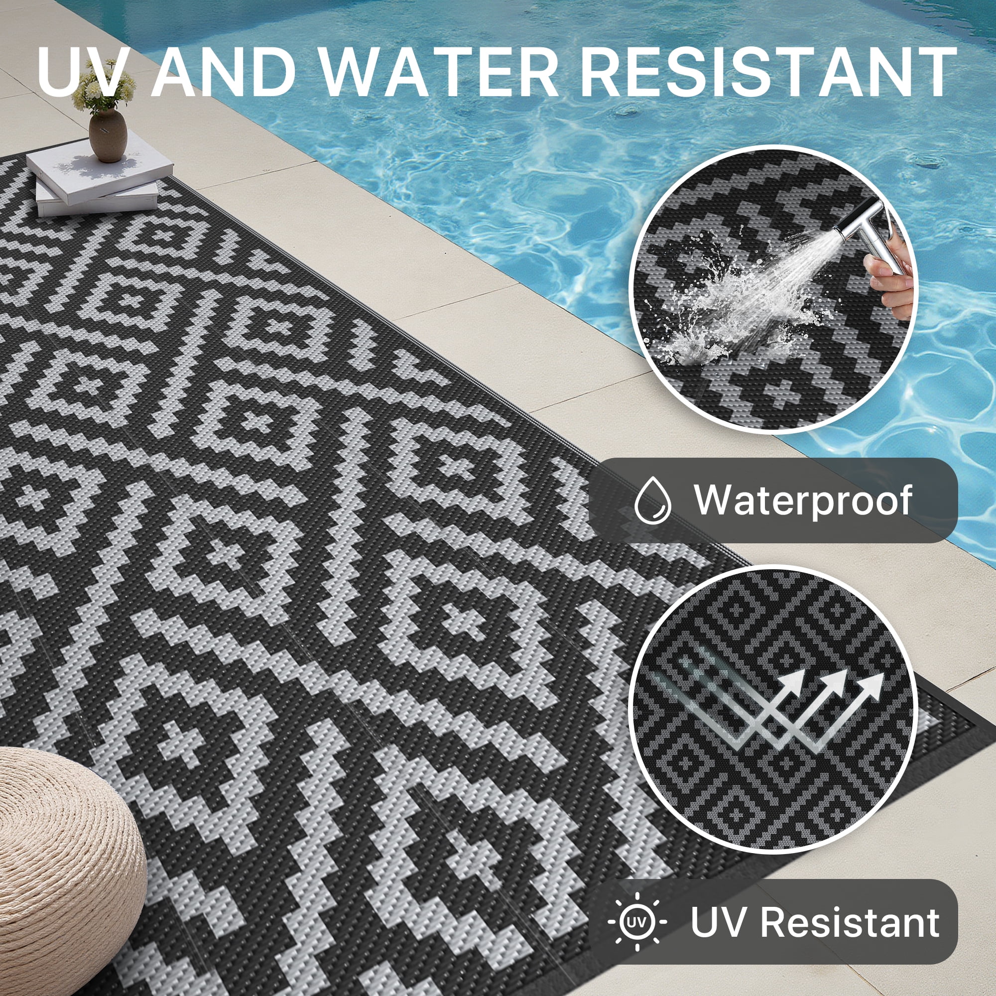 DEORAB Outdoor Rugs Waterproof Plastic Straw Mat 6'x9' Reversible for RV Patio Deck Beach Black & Gray