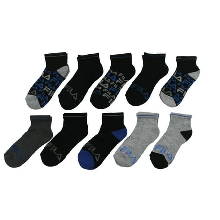Fila Kids Boys 10-Pack Half Cushion Quarter Socks Stripe Sole - Black, Boys Small Shoe Sizes 7-10