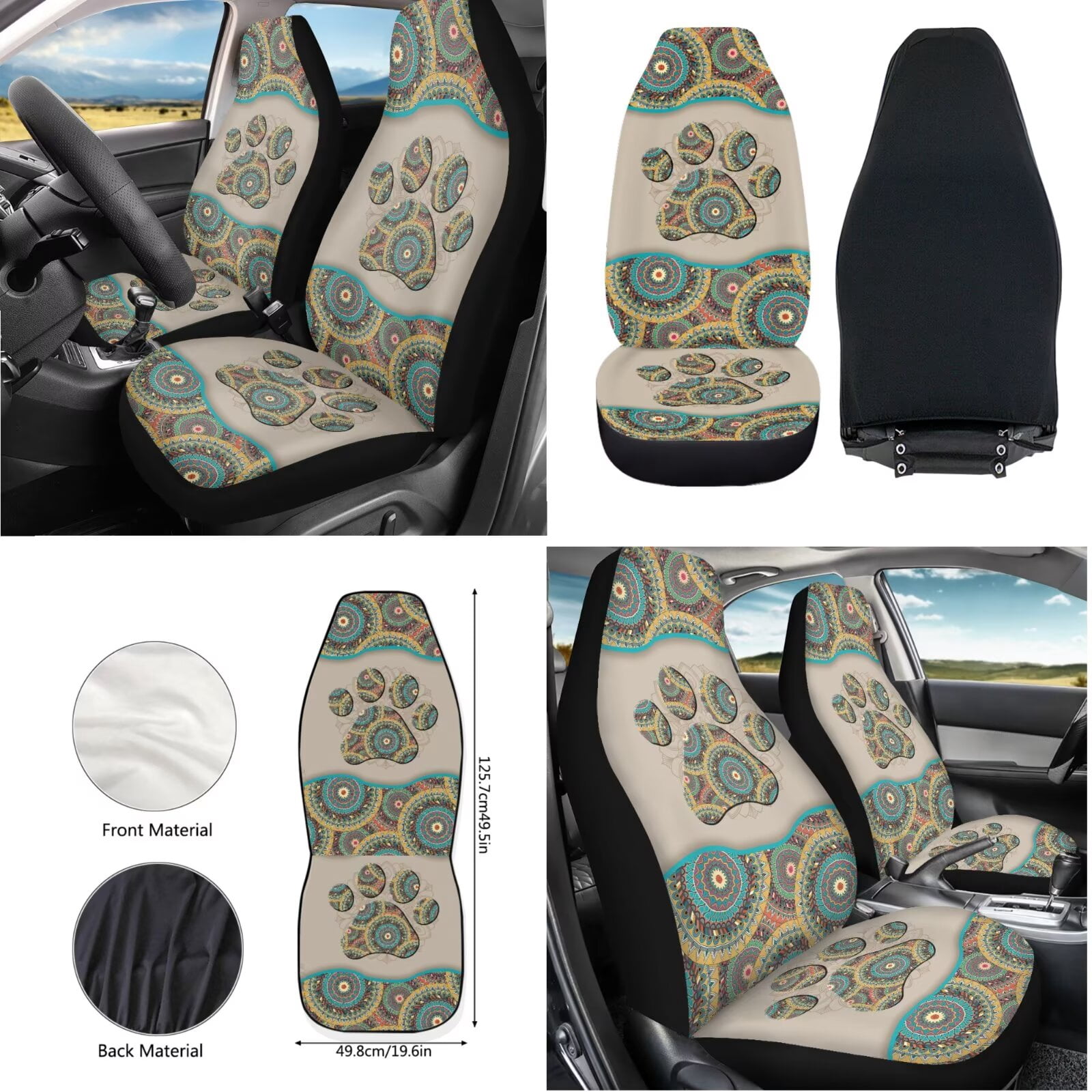 KUIFORTI 12 Pack Car Seat Cover Set Boho Paw Print Front Seat Protector Easy to Install Auto Interior Accessories for SUV Vehicle Sedan Truck Gifts for Friends
