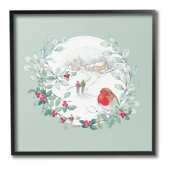 Stupell Industries Winter Scene with Border Holiday Painting Black Framed Art Print Wall Art, 12 x 12
