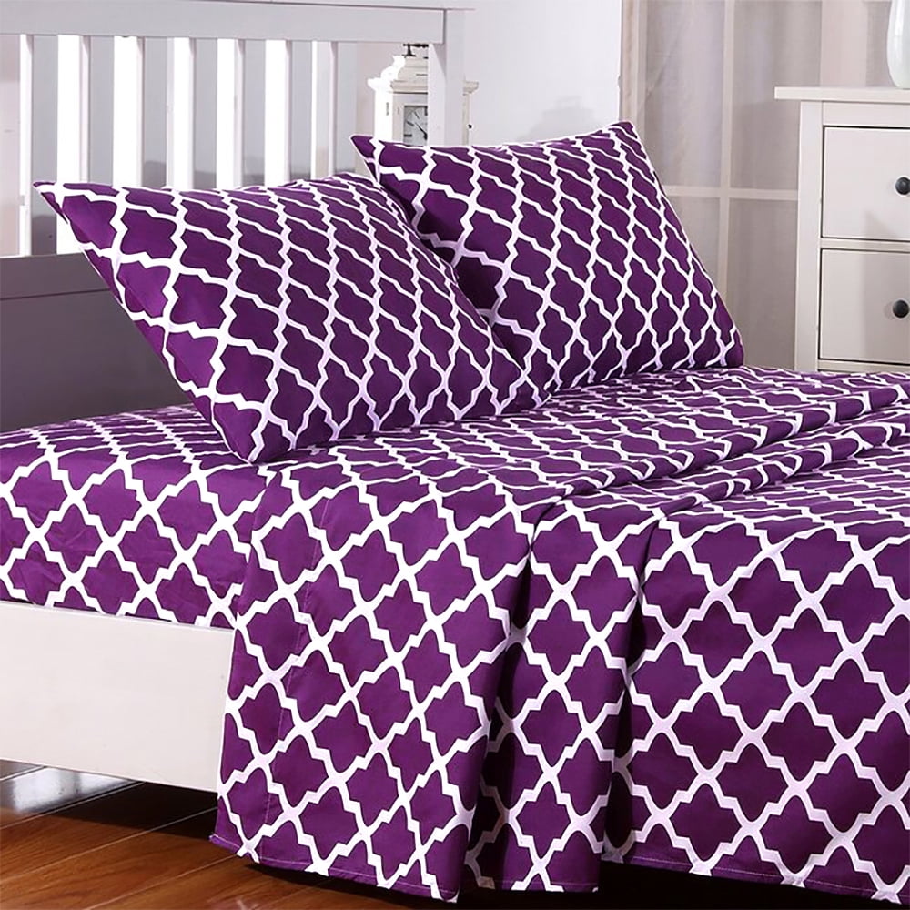 Lux Decor Collection Quatrefoil Bed Sheet Set Queen Purple 4 Piece