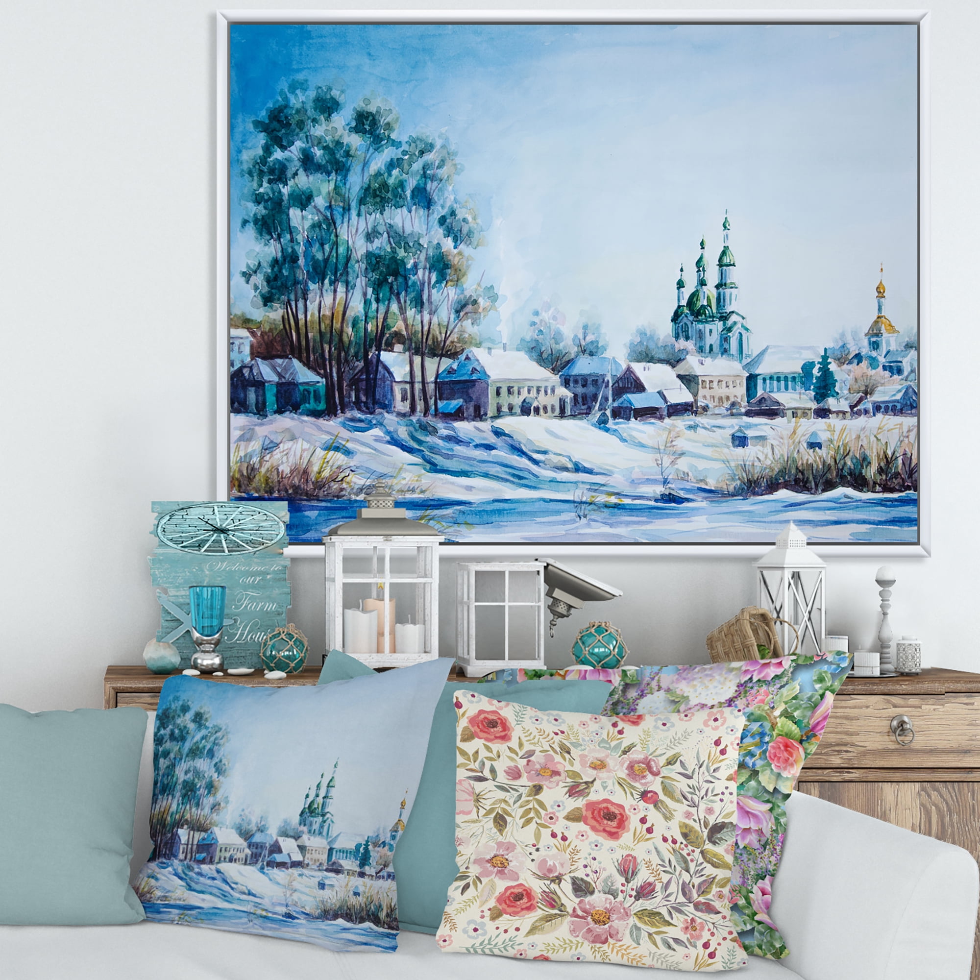 Designart 'Small Town Covered In Snow In Winter Times' Traditional Framed Canvas Wall Art Print