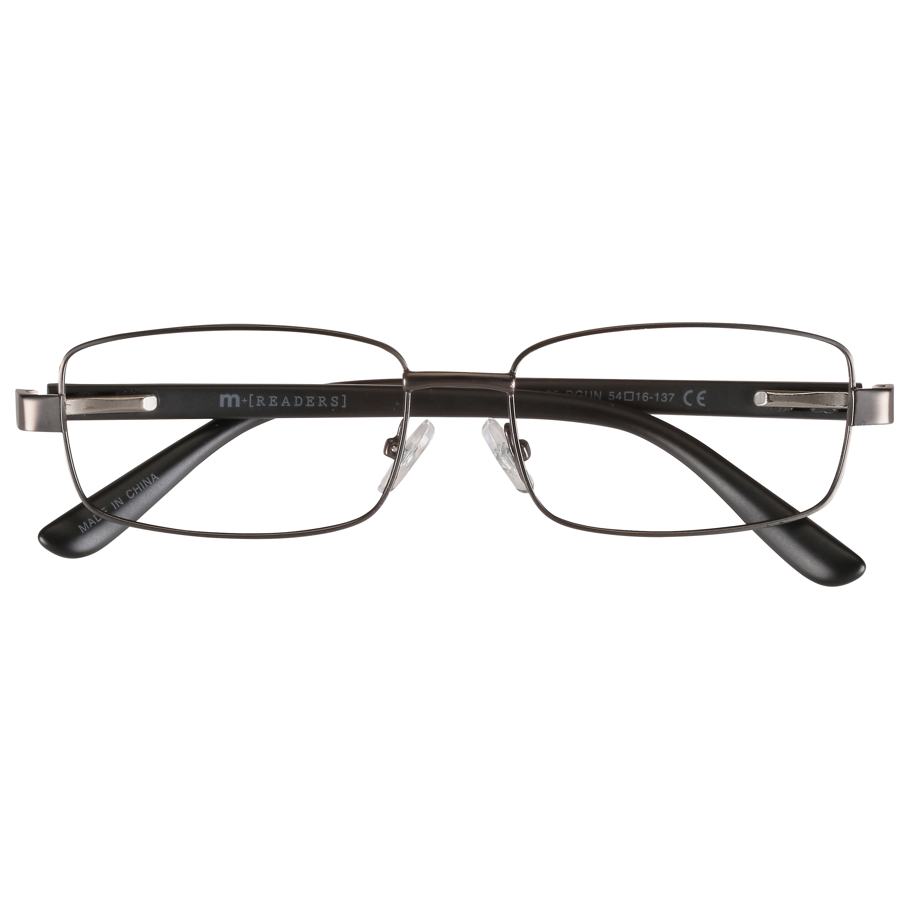 M+ Mens Rectangular Metal Reading Glasses Dgun 1.50 Reed in Gunmetal with Matte Black Temples