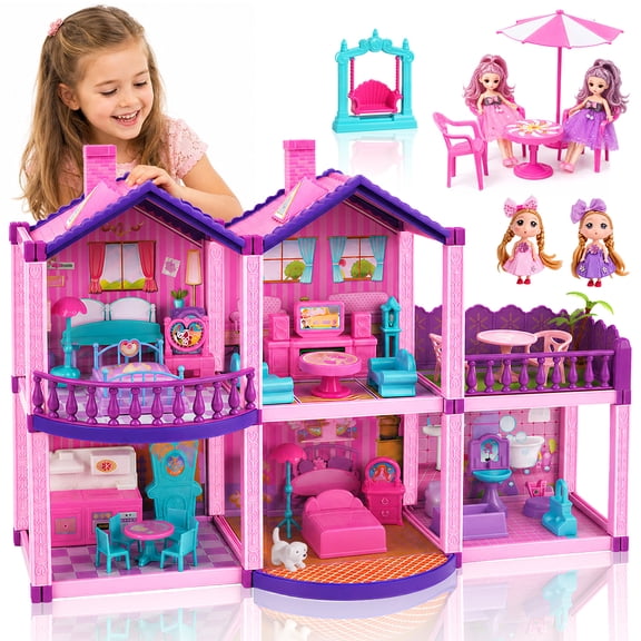 MOJINO Dollhouse for Girls Ages 3 , with Furniture, Accessories, Colorful Lights and Doll Figures, Pretend Play Set, Birthday Christmas Gift