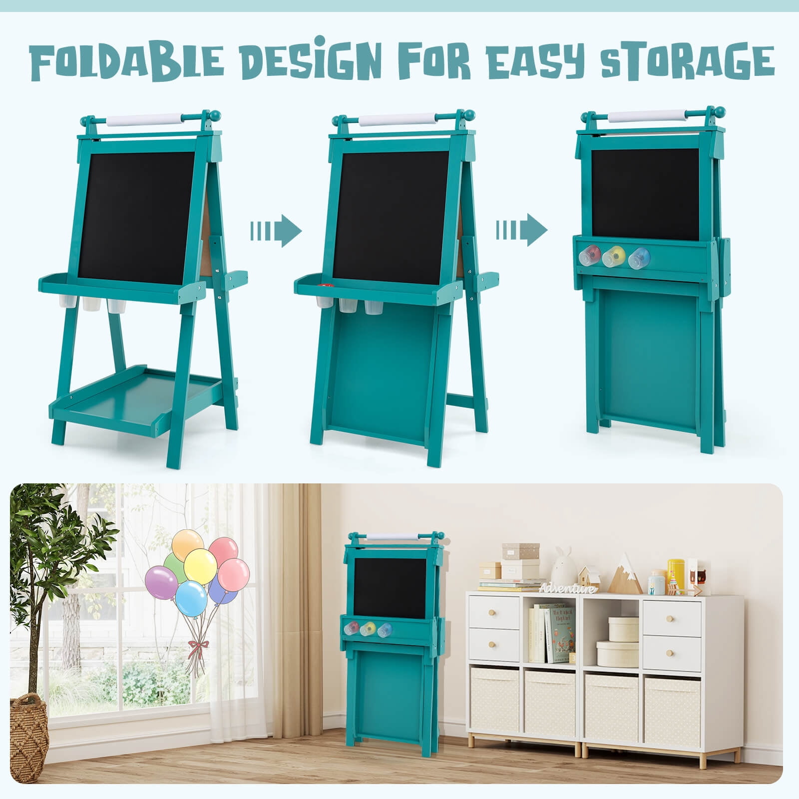 Costway Foldable Easel for Kids 3-in-1 Double-sided Art Easel with Chalkboard Gray