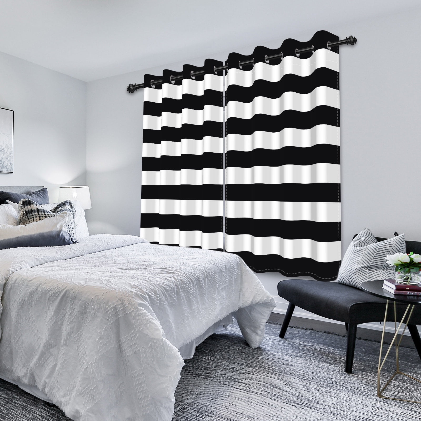 Nanqianyi Black White Horizontal Striped Blackout Curtains, Thermal Insulated Classic Grommet Drapes for Bedroom Living Room, 2 Panels 42"W x 84"L