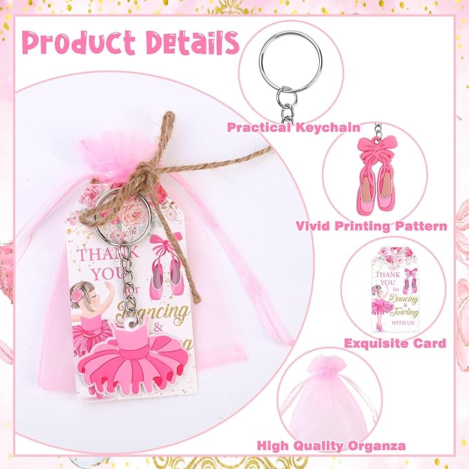 Serencatcher Ballerina  Favors, 90pcs Ballet  Favors Baby Shower Birthday Bags Filler Ballerina Tutu Shoes Keychains Thank You Tags Pink Organza Bags for Ballerina Baby Shower Birthday