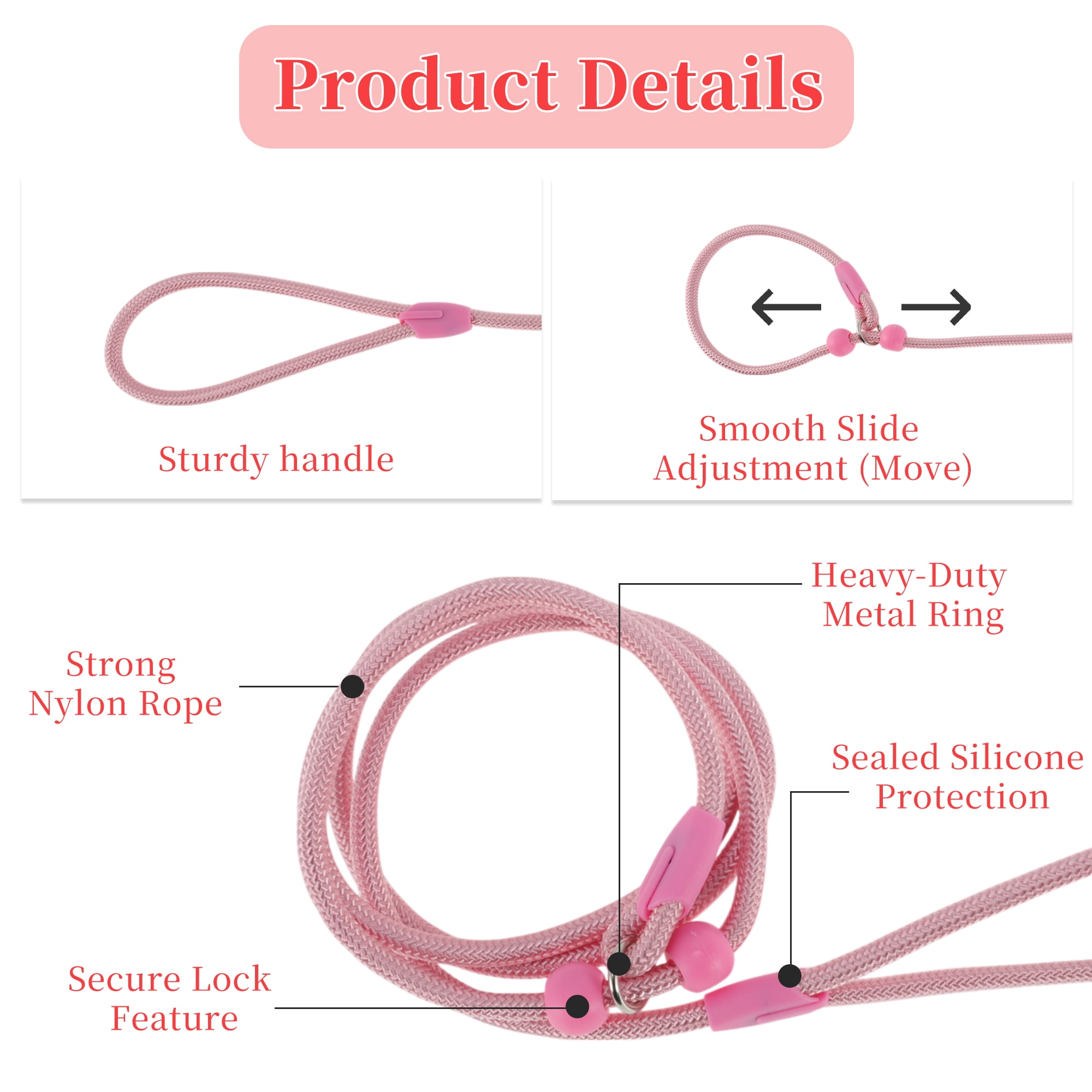 Unique Bargains Slip Leash for Dogs No Pull Heavy Duty Training Leash Medium Pink 5ft