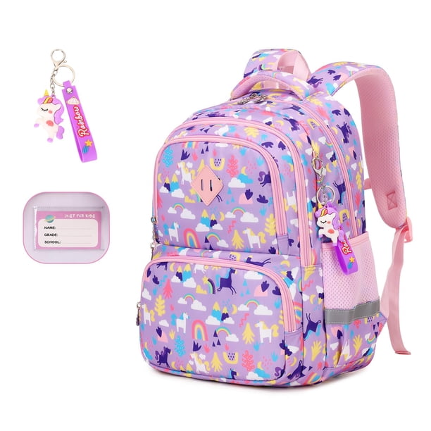 Mochila MUSEVOS Kids con estampado kawaii impermeable morado/arcoíris