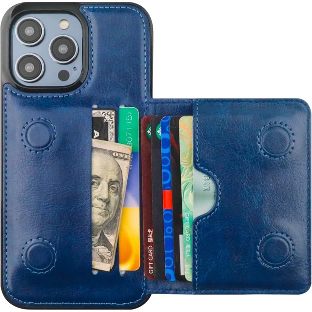 MYKOMI Compatible with iPhone 14 Pro Max Wallet Case Credit Card Holder, Premium Leather Kickstand Flip Hidden Magnetic Clasp Durable Shockproof Protective Cover for 6.7 Inch (Blue)