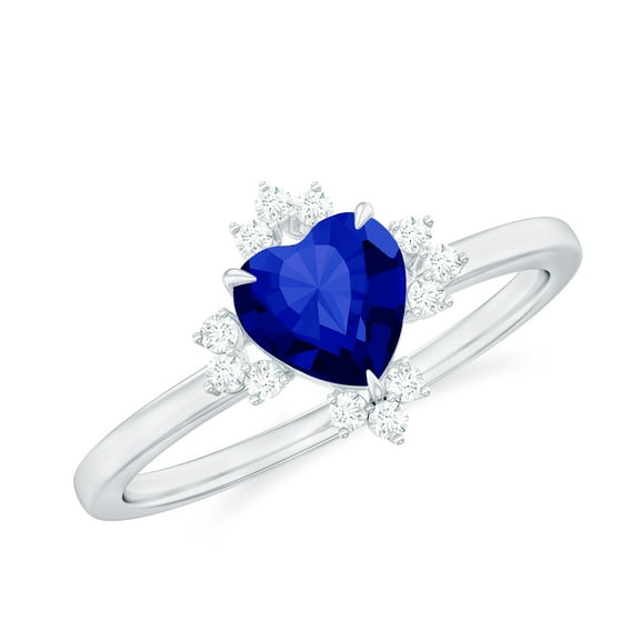 Rosec Jewels Heart Shape Lab Grown Blue Sapphire Promise Ring with Diamond for Women - 6 mm, 925 Sterling Silver, US 4.00