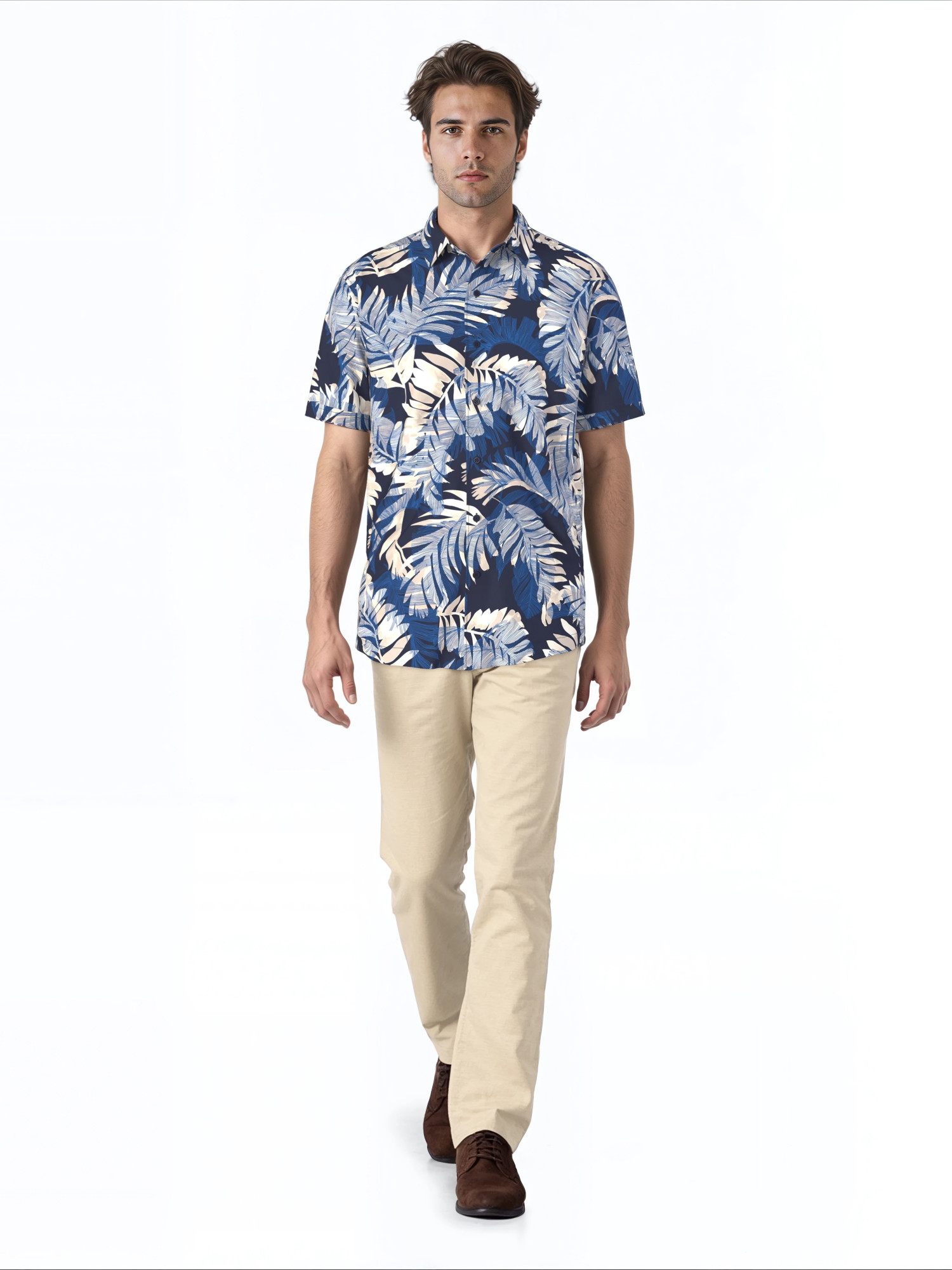 Cafe Luna Men's and Big Men's Printed Leaves Short Sleeve Woven Shirt with Texture, Size S-4XL