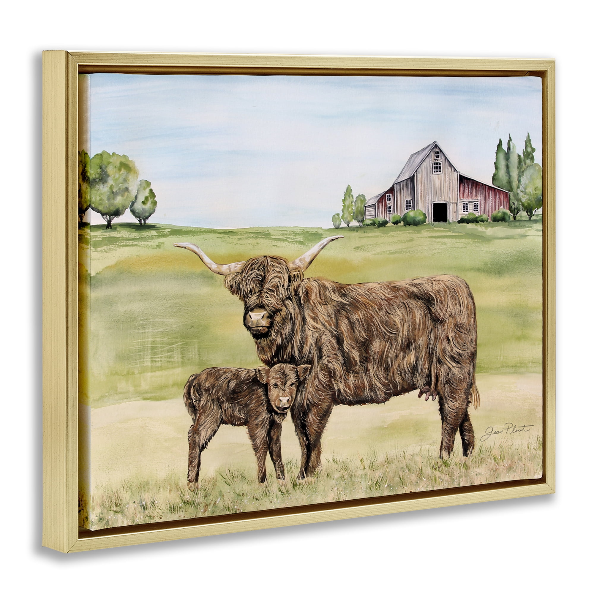 Highland Cow And Calf Gold Framed Floater Canvas Wall Art, design by Jean Plout