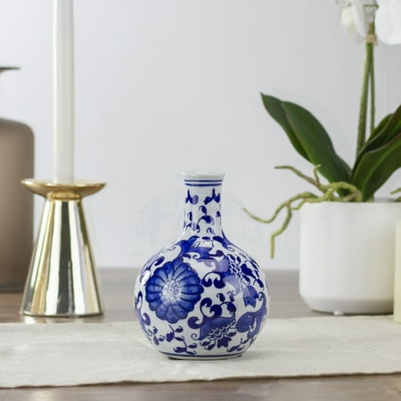 6.5” White and Blue Rounded Floral Clay Vase