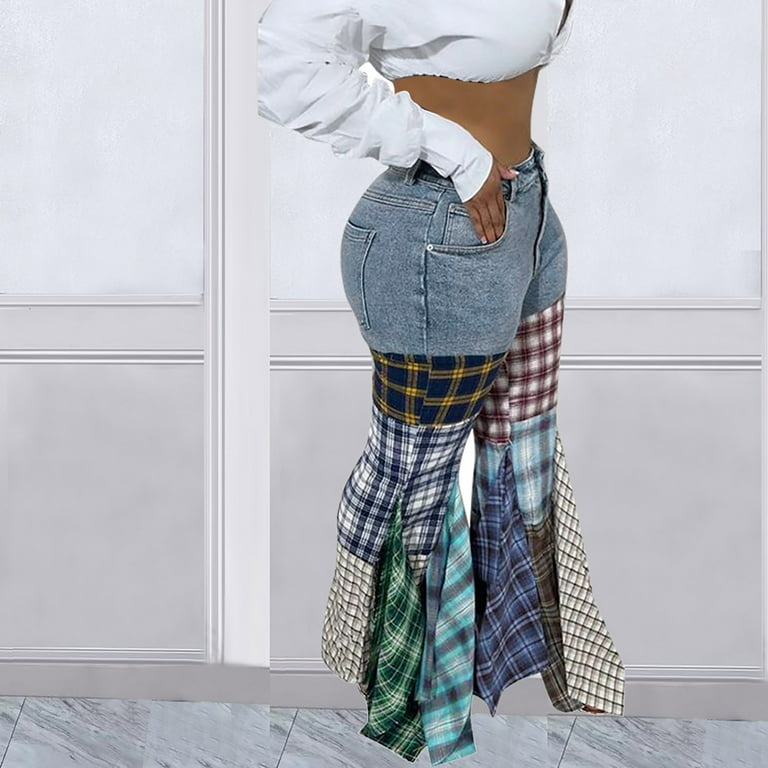 Jeans for Women Casual Printing Plaid Patchwork High Rise Pants for Women  Fashion Fitted Daily Trendy Womens Pants Comfy Flare Lightweight Party