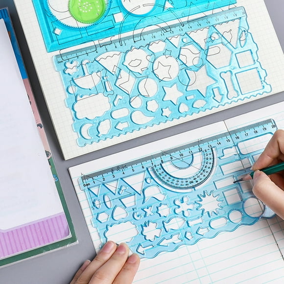 Musbetu 2Pcs Student Ruler Multifunctional Drawing Stationery Multi Shaped Hollowed-out Geometry Ruler with Protractor for School
