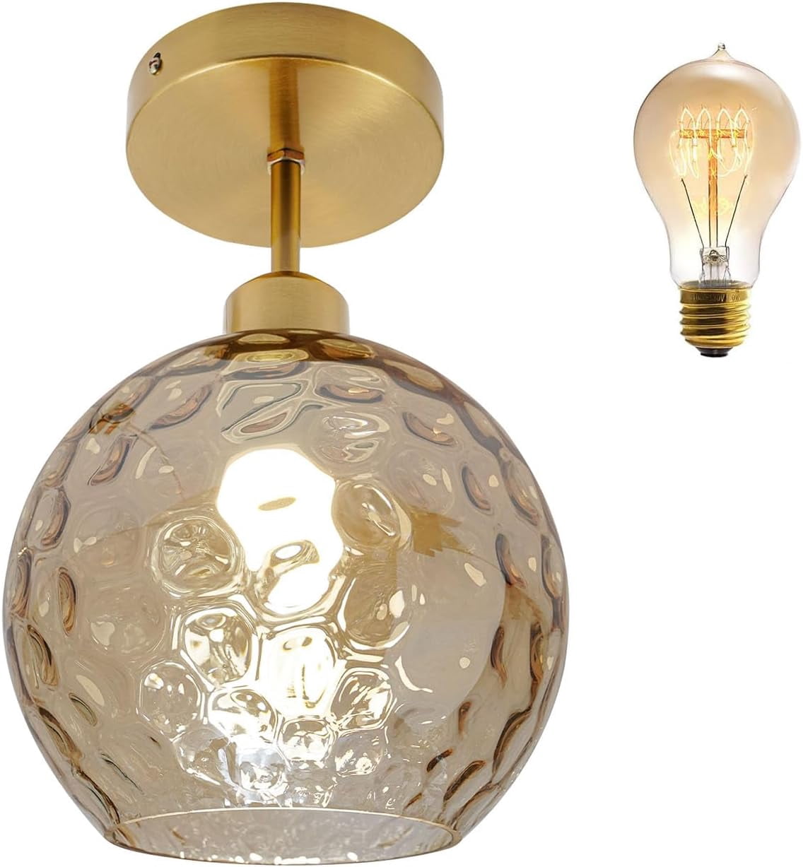 7.87" Semi Flush Mount Ceiling Light Fixtures, Vintage Ceiling Light Mid Century Close to Ceiling Light Dimmable Glass Shade Modern Ceiling Lamp for Hallway Bedroom Gold